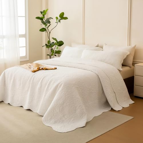 "Sanracie Oversized King Bedspread Sets(128""x120""), Ultra Soft California King Size Quilt Set, 1 Farmhouse Cotton Bedspread+ 2 Pillow Shams, Washed Oversized Lightweight Quilt, Creamy White???, 3PCS"