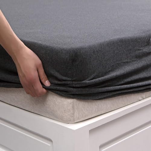 "PURE ERA Jersey Knit Cotton Fitted Bottom Sheet ONLY (No Flat Sheet or Shams) Deep Pocket Up to 15"" to 20"" Ultra Soft Comfy Breathable Charcoal Black Full"