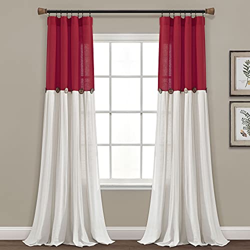 "Lush Decor Linen Button Farmhouse Curtains, Single Panel, Pleated Two Tone Design 40"" W x 84"" L, Red & Off-White"