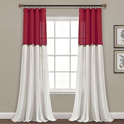 "Lush Decor Linen Button Farmhouse Curtains, Single Panel, Pleated Two Tone Design 40"" W x 84"" L, Red & Off-White"