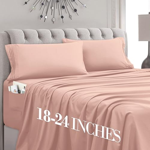 Mocassi Queen Size 4-Piece Bed Sheet Set - 1800 Premium Hotel Quality Microfiber 18-24 Inches Extra Deep Pocket Fitted Sheet- Luxury Soft, Breathable, Wrinkle, and Fade Resistant, Blush Pink