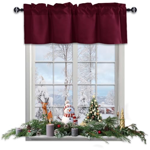 JIUZHEN Valance Curtains for Kitchen Window Valances for Living Room/Basement Window Curtains Bathroom Thermal Insulated Short Rod Pocket Curtain Panels, Burgundy,42 x 12 Inches,1 Panel