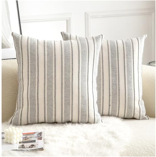Cethom Decorative Boho Throw Pillow Covers, Farmhouse Textured Pillow Case, 20 x 20 Inch Set of 2, Chair Sofa Bedroom Living Room Home Decor Couch Cushion Case, Grey and Beige Striped