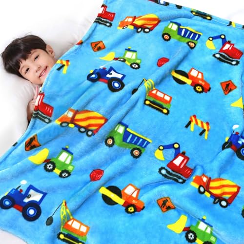 Lukeight Toddler Blanket for Boys and Girls, 380GSM Thick Kids Blanket, Plush Receiving Blanket, 50x60 Inches, Blue, Cartoon Trucks, Reversible