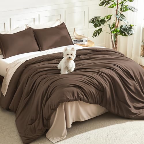 Litanika Brown Oversized Queen Comforter Set, 3 Pieces Solid Bedding - Soft Fluffy Down Alternative All Season Quilt Blanket