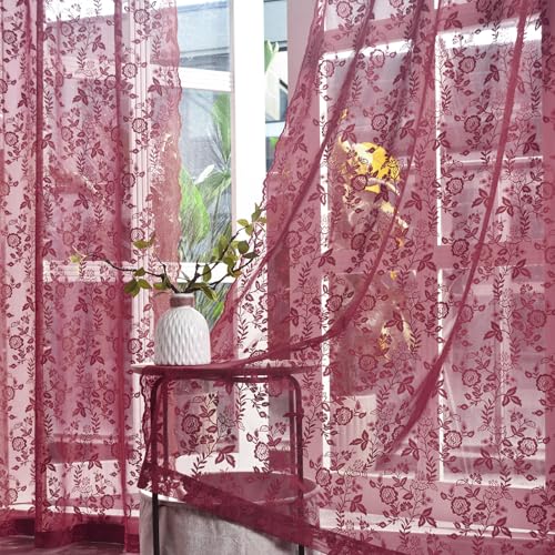 FINECITY Burgundy Sheer Curtains 63 Inch Length - 2 Panels Rustic Leaf Floral Patterned Red Wine Lace Curtains for Bedroom, Rod Pocket Privacy Light Filtering Merlot Sheer Window Drapes, 52 x 63 Inch