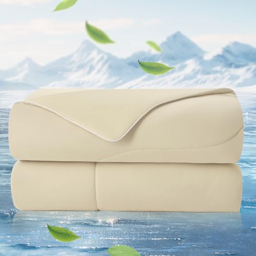 "Cozy Bliss x Sorona?? Viscose Natural Fiber Cooling Comforter Twin Size, Reversible Silky Smooth Cooling Blanket with Q-Max???0.45 for Hot Sleepers & Night Sweats, Khaki, 68""x90"""