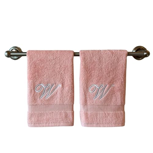 Decorvo Pink Monogrammed Hand Towels for Bathroom - Luxury Hotel Quality Personalized Initial Embroidered Towel for Powder Room, Spa - GOTS Organic Certified - Set of 2 White Letter W