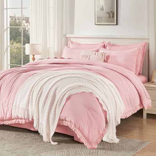 Andency California King Comforter Set, 7 Pieces Light Pink Bedding - Boho Bed in a Bag, Soft Lightweight, Fringe Bed Set with Comforter(104x96), Sheets, Pillowcases & Shams