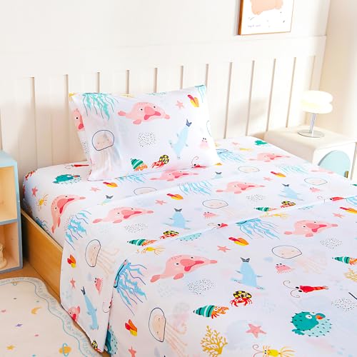 Homilay Full Sheet Set Kids - Ocean Shrimp Crab Fish 4 Pieces Soft Microfiber Cartoon Style Bedsheets for Boys Girls Teens, Oeko TEX, Breathable Deep Pocket Sheets(Marine Animals)