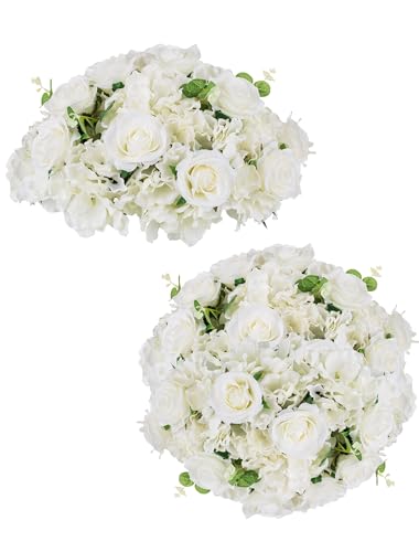 BLOSMON Artificial Flowers Wedding Table Decoration 2 Pcs White 45cm Large Fake Flowers Centrepieces Hydrangea Rose Silk Flowers Ball Arrangement Wedding Floral Center Pieces for Home Party Decor