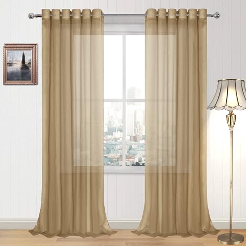 DWCN Semi Sheer Curtains, Grommet Top Window Drapes for Bedroom & Living Room, Faux Linen Look Voile Transparent Solid Curtains Set of 2 Panels, 70 x 95 Inches, Taupe