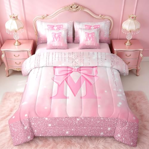 Feelyou Boys Girls Pink Bowknot Bed in A Bag Queen Size, Personalized Initial M 7 Pieces Bedding Set Princess Glitter Comforter Set with Sheets Kids Bow Alphabet Teens Bed Set Bedroom Decor 7Pcs