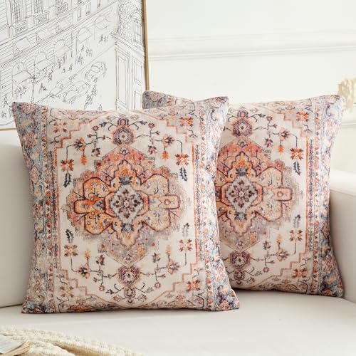 BUAEL Boho Throw Pillow Covers 22x22 inch Set of 2,Boho Vintage Carpet Pattern Antique Ethnic Decor Double Sided Pattern Cushion Cover Soft Pillow Case Living Sofa Room Bed Square Pillow Cover
