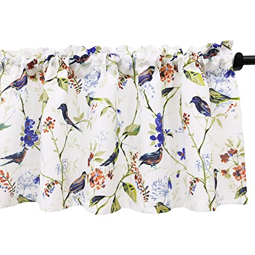 Leeva Birds Vines Printed Curtains Valances for Kitchen, Rod Pocket Bedroom Living Room Valance for Windows, 52 x 18 Inch, Blue Birds