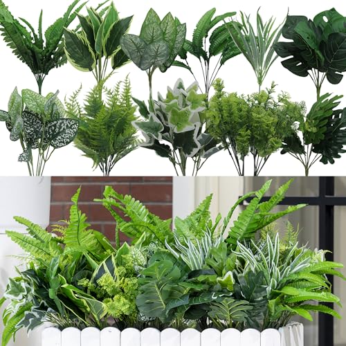 14PCS Artificial Plants Outdoor, Faux Fern Flower Greenery Stem for Outside - UV Resistant Faux Outdoor plants, Fake Shrubs Plants for Patio Garden, Front Porch, Window Box, Spring Summer Home Decor