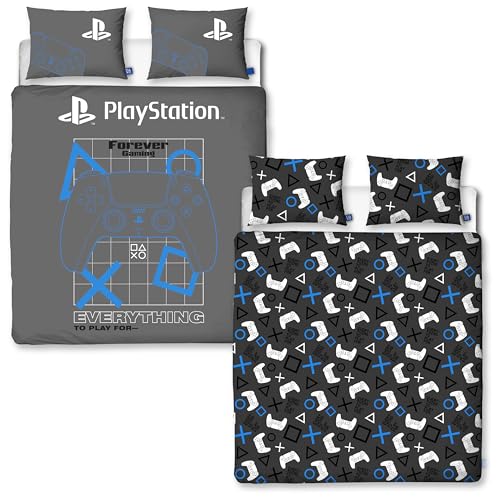 PlayStation Officially Licensed Double Duvet Cover Set - Gamers Design - Grey Reversible 2 Sided Kids Gaming Merchandise Bedding Cover Including Matching Pillow Cases