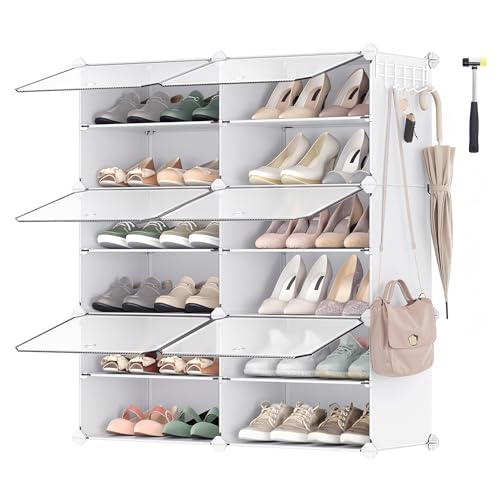 SONGMICS Interlocking Shoe Rack Cabinet, 6-Slot Modular Storage Organiser Unit, 30 x 40 x 30 cm for Each Slot, with Doors, Steel Frame, Plastic Panels, White LPC033W01