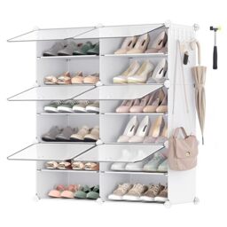 SONGMICS Interlocking Shoe Rack Cabinet, 6-Slot Modular Storage Organiser Unit, 30 x 40 x 30 cm for Each Slot, with Doors, Steel Frame, Plastic Panels, White LPC033W01