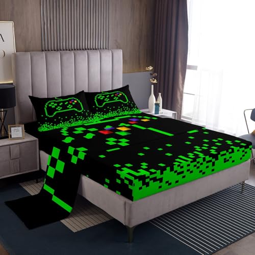 Castle Fairy Video Games Bed Sheet Twin Size,Miner Pixel Games Bedding Sets 3Pcs for Kids Girls Boys Teens Room Decor,Neon Green Block Building Fitted Sheets Modern Black Top Flat Sheet,1 Pillowcase
