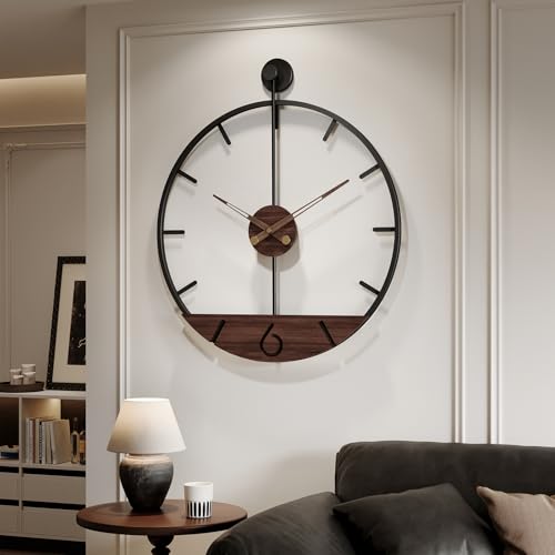 Cuspin 36 Inch Large Wall Clock Modern Black Metal Clock with Walnut Wood Dial, Silent Non-Ticking Oversized Decorative Battery Powered Big Clock for Living Room, Kitchen, Office, Bedroom