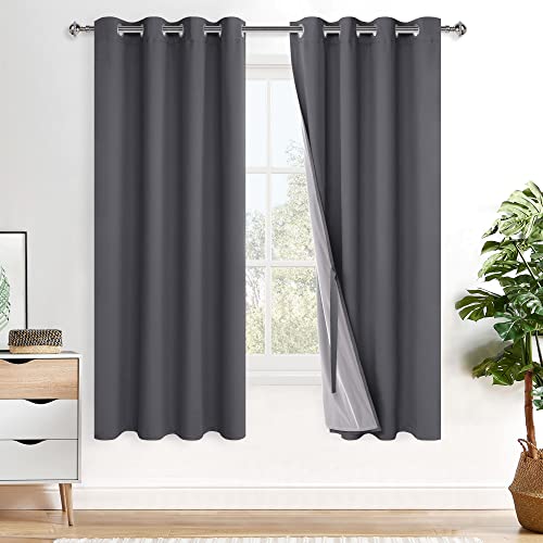 XWZO 100% Blackout Curtain Panels - Thermal Insulated Black Liner Curtains, Noise Reducing and Heat Blocking Drapes for Hall and Studio Windows with Tiebacks, Dark Grey, W52 x L63, Set of 2