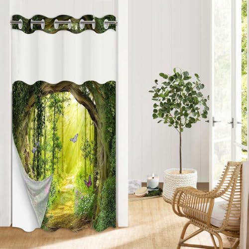 "Forest Hookless Shower Curtain with Snap in Liner, Green No Hook Double Layer Shower Curtain and Liner Set, Ringless with Window Waterproof Cloth Fabric, 60"" W x 74"" L"