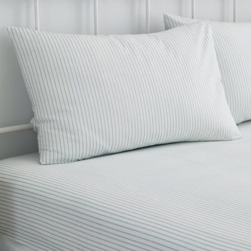 Dreams & Drapes - Blue Pinstripe Single Fitted Sheet (190 x 90 x 28cm) - Luxury Polycotton Bed Sheet - Matching Duvet Cover Available - White Bed Sheet with Blue Stripes