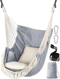 Chihee Hammock Chair Hanging Swing 2 Seat Cushions Included,Strong Webbing Straps and Hooks for Easy Hanging Soft Cotton Weave Hanging Chair Side Pocket Large Tassel Chair Set Comfort Indoor Outdoor