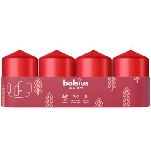 Bolsius Smooth Pillar Candles - Set of 4 - Red - 60x40 mm - Decorative Candles - Long Burning Time - Unscented - with Natural Plant Wax - Without Palm Oil