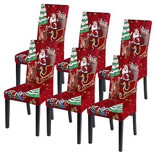 SearchI Christmas Dining Chair Covers Set of 6,Stretch Xmas Parsons Chair Slipcovers Seat Protector Washable Spandex Kitchen Chair Cover for Dining Room,Christmas Decoration,Holiday Party(Santa+Deer)