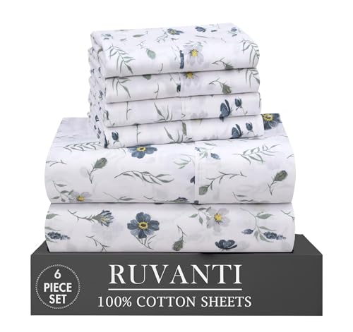 Ruvanti - Crispy Percale 6 Piece Bed Sheets Set, 100% Natural Cotton - Soft, Lightweight & Breathable, Queen Sheet Set 16 Inch Deep Pocket, Coastal Blue