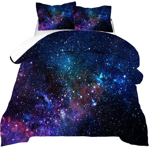 kxry Blue Purple 3D Galaxy Comforter Set Queen Size Outer Space Starry Sky Universe Bedding Sets for Girls Teens Kids 1 Comforter + 2 Pillow Cases