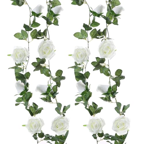 Felice Arts 2pcs 13 FT Fake Flower Vines Plants Artificial Flower Garlands Hanging Rose Ivy for Table Arrangement Home Hotel Office Wedding Party Garden Craft Art Room Decor (Cream)