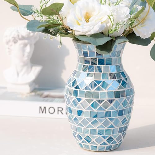 Blue Vases for Home Decor, 8 Inch Mosaic Glass Vase - Coastal Blue Tiles, Wide Mouth, Dining Table Centerpiece, Shelf Decor for Faux Stems