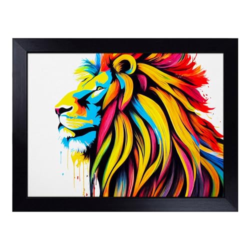Lap Tray with Bean Bag Cushion, Colourful Lion Abstract - Handmade in the UK, Raised Wooden Edge, Padded Cushion, Heat-Resistant Wipe-Clean Surface, for Meals, Laptops and Crafts