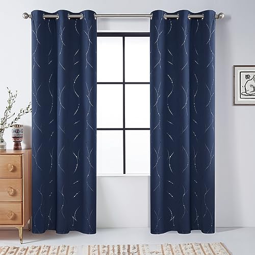 BUHUA Blackout Navy Curtains for Bedroom - 63 Inch Long Window Treatments, Light Blocking Curtains with Floral Pattern (38 x 63 Inch, Navy Blue, 2 Panels)