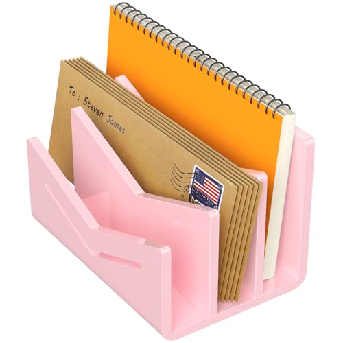 Beego Envelope and Mail Organizer Countertop - 3 Compartments Pink Acrylic Desk Organizer Letter Holder Desktop File Sorter Bill Document Folder Rack for Office, Home, School Desk Organization