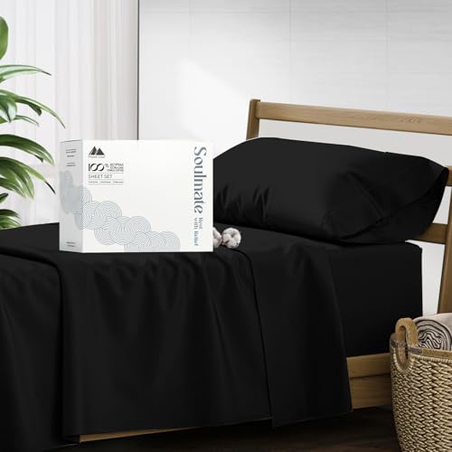 Mayfair Linen Hotel Collection Egyptian Cotton 500 Thread Count 4 Piece Sheet Set (1 Flat Sheet 1 Fitted Sheet And 2 Pillow Cases) TwinXL Black
