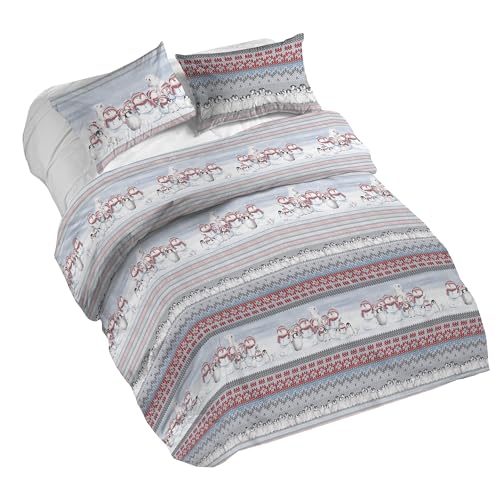 PENSIERI DELICATI 100% Cotton Double Duvet Cover Set, Complete with 250 x 200 cm Bag and 2 Pillowcases 52 x 82 cm, Made in Italy, Duvet Cover Machine Washable At 40 Degrees, Polar Winter Design Red