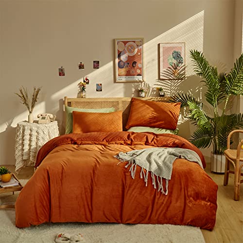 Houseri Burnt Orange Velvet Comforter Set Queen Fluffy Rust Bedding Comforter Queen Size Women Girls Terracotta Micromink Sherpa Comforter Sets Flannel Plush Fuzzy Caramel Reddish Bed Comforter Queen