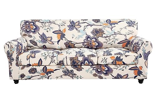 SearchI Stretch Sofa Cover Printed Couch Cover, Floral Pattern 4 Pieces Sofa Slipcover with 3 Separate Cushion Cover, Washable Furniture Protector for Living Room(Sofa, Flower Pattern)