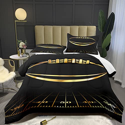 Bodhi 3D Black and Golden Football Comforter Set Full (78x90 Inch), 3 Pieces(1 Football Comforter, 2 Pillowcases) Sport Soft Microfiber Football Comforter Set Bedding Set for Boys Kids Teens #4015