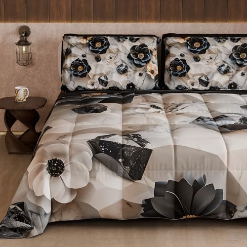 PETTI Artigiani Italiani - Winter Quilt, Winter Duvet, Double Sided Quilt, Solid Colour and Digital Floral Print 06 7, 100% Microfibre, Made in Italy