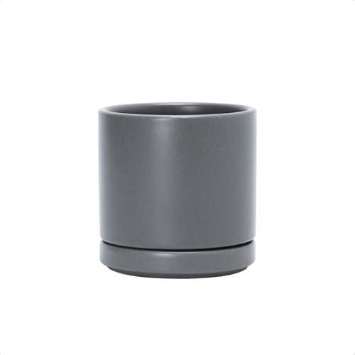 D'vine Dev 3.5 Inch Ceramic Planter Pot, Grey, 94-O-A-3 - Modern Cylinder Design, Drainage Hole & Saucer Included, Stable Structure, Elegant Home Accent