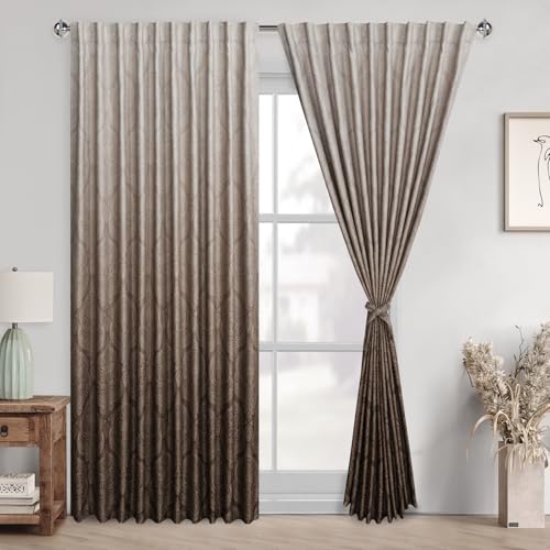 DWCN Ombre Room Darkening Curtains for Bedroom - Back Tab Elegant Damask Design Thermal Insulted Window Drapes with Tiebacks Light Blocking Curtains for Living Room, 2 Panels, W80 x L84, Brown