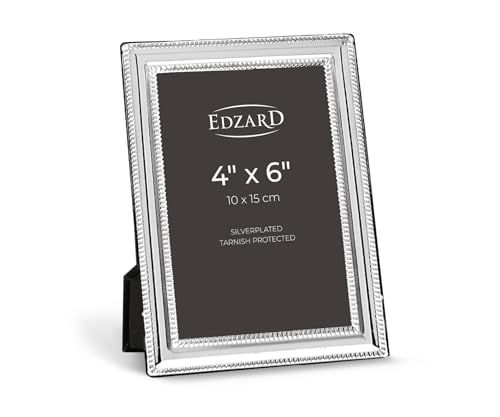 "Edzard Silver Plated Photo Frame 4""x6"" (10x15 cm) Matera, Non-Tarnishing, High Gloss Finish, Real Glass Front & Premium Velvet Back, Portrait or Landscape Display - Elegant Wedding Gift"