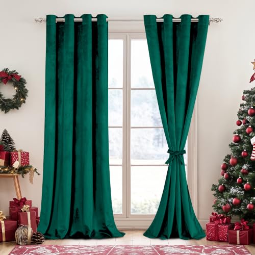 DWCN Dark Green Blackout Velvet Curtains 84 Inches- Refresh Bundleable Heavy Duty Thermal Insulated Christmas Decor Window Panels for Bedroom/Living Room Backdrop Decor, W52 x L84, Set of 2
