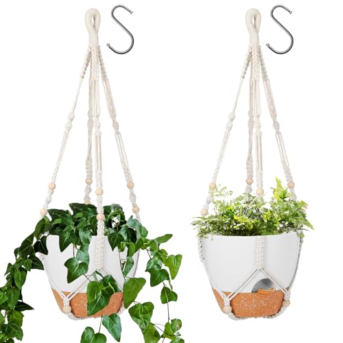 GARDIFE 10 Inch Hanging Planters with Macrame Plant Hanger for Indoor and Outdoor Plants, 2 Pack Large Self Watering Hanging Plant Pot with Basket Flower Pot with Drainage Hole, White