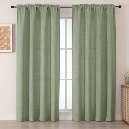 "Chyhomenyc Green Curtains 84 Inches Long 2 Panels Set, Light Filtering Faux Green Textured Curtains for Living Room, Soft Airy Farmhouse Rod Pocket Curtain for Bedroom, Each 50"" Wx84 L, 2PCS"
